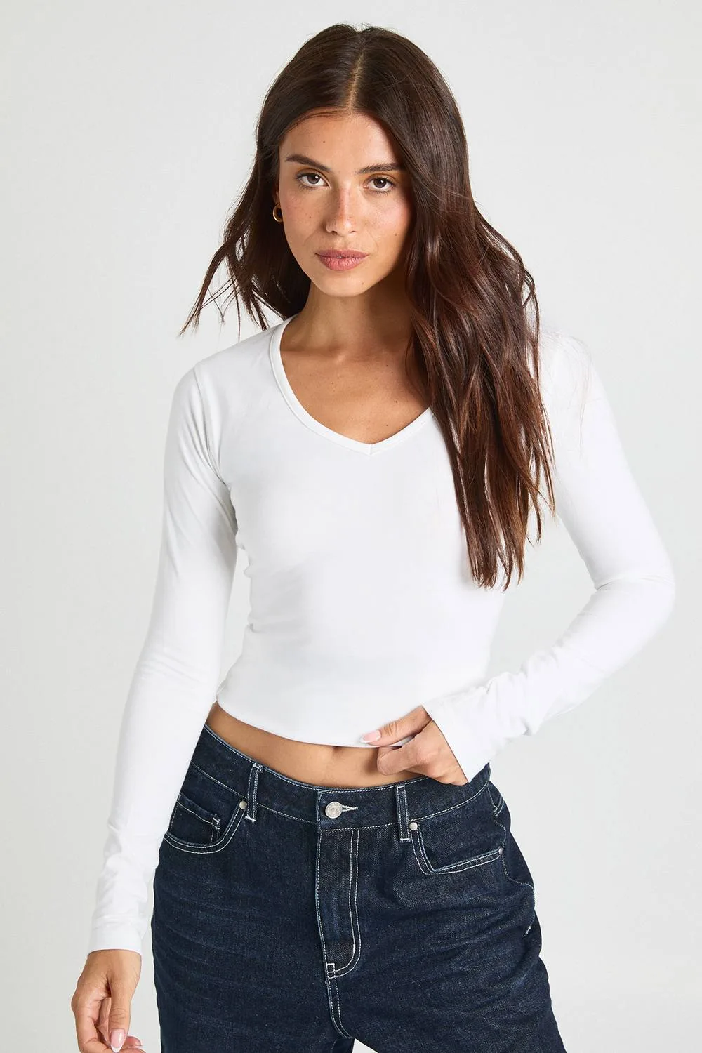 Deep V Neck Long Sleeve Fitted Top - Denim/Polyurethane by boohoo