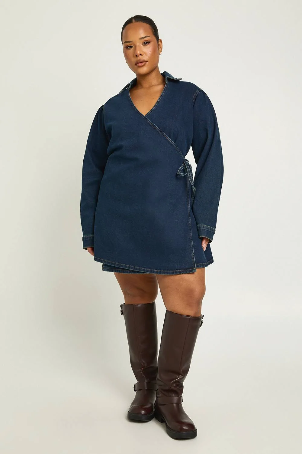 Denim Wrap Dress - Denim/Polyurethane by boohoo