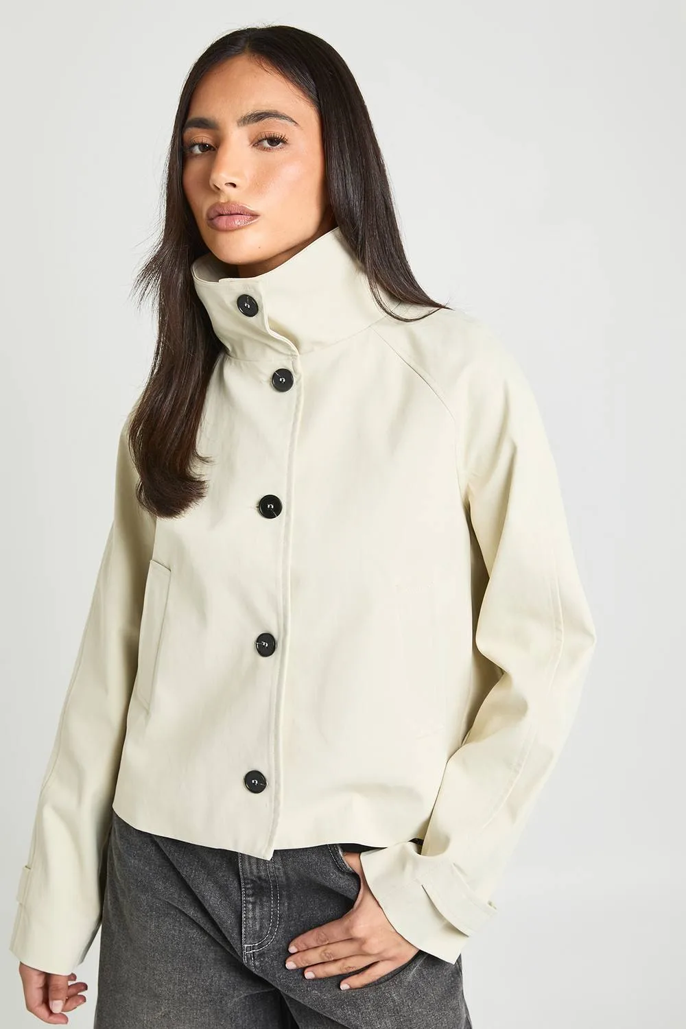 Funnel Neck Button Up Trench Coat - Polyurethane by boohoo