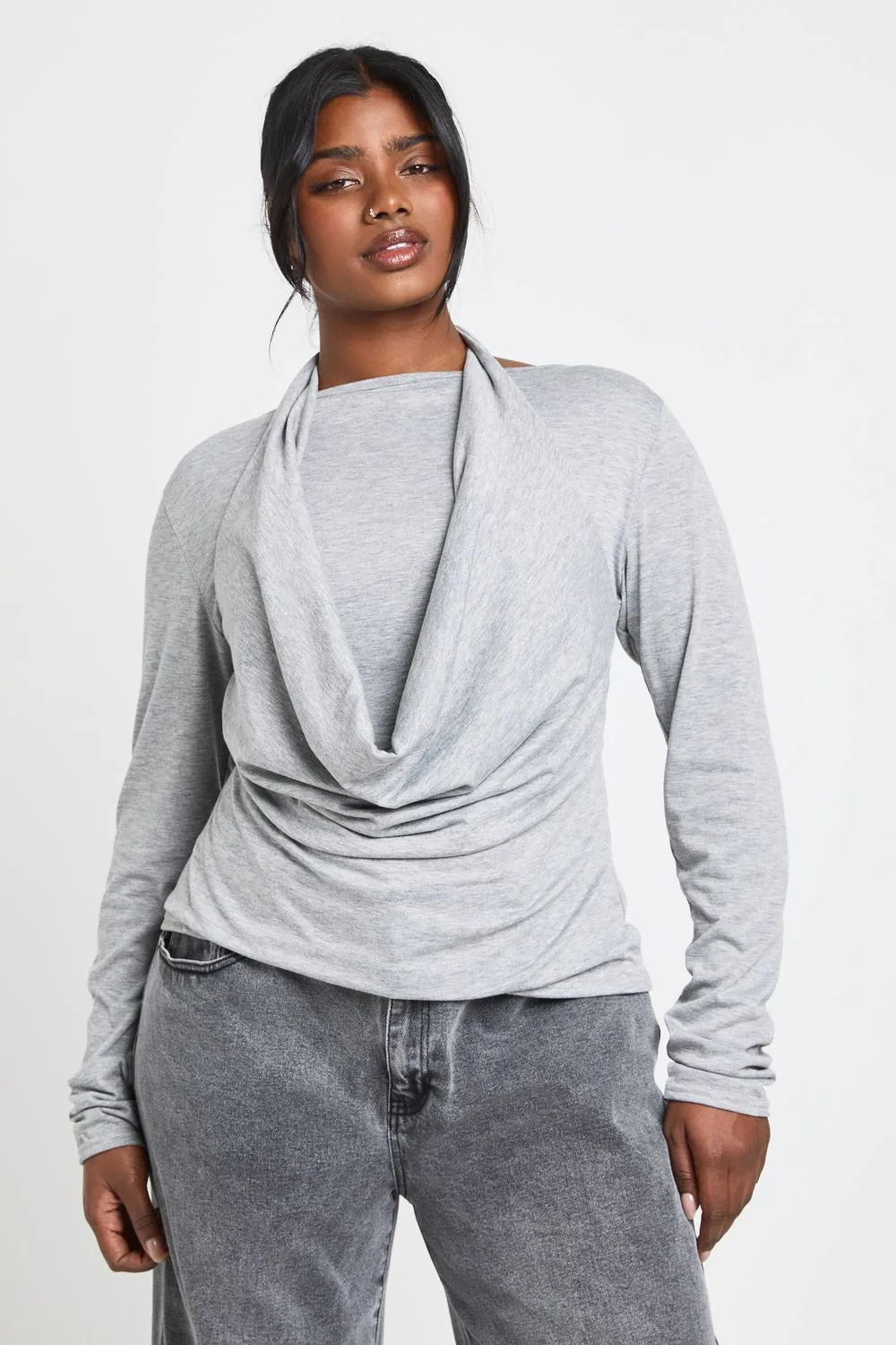 Halterneck Cowl Double Layer Long Sleeve Top - Denim by boohoo