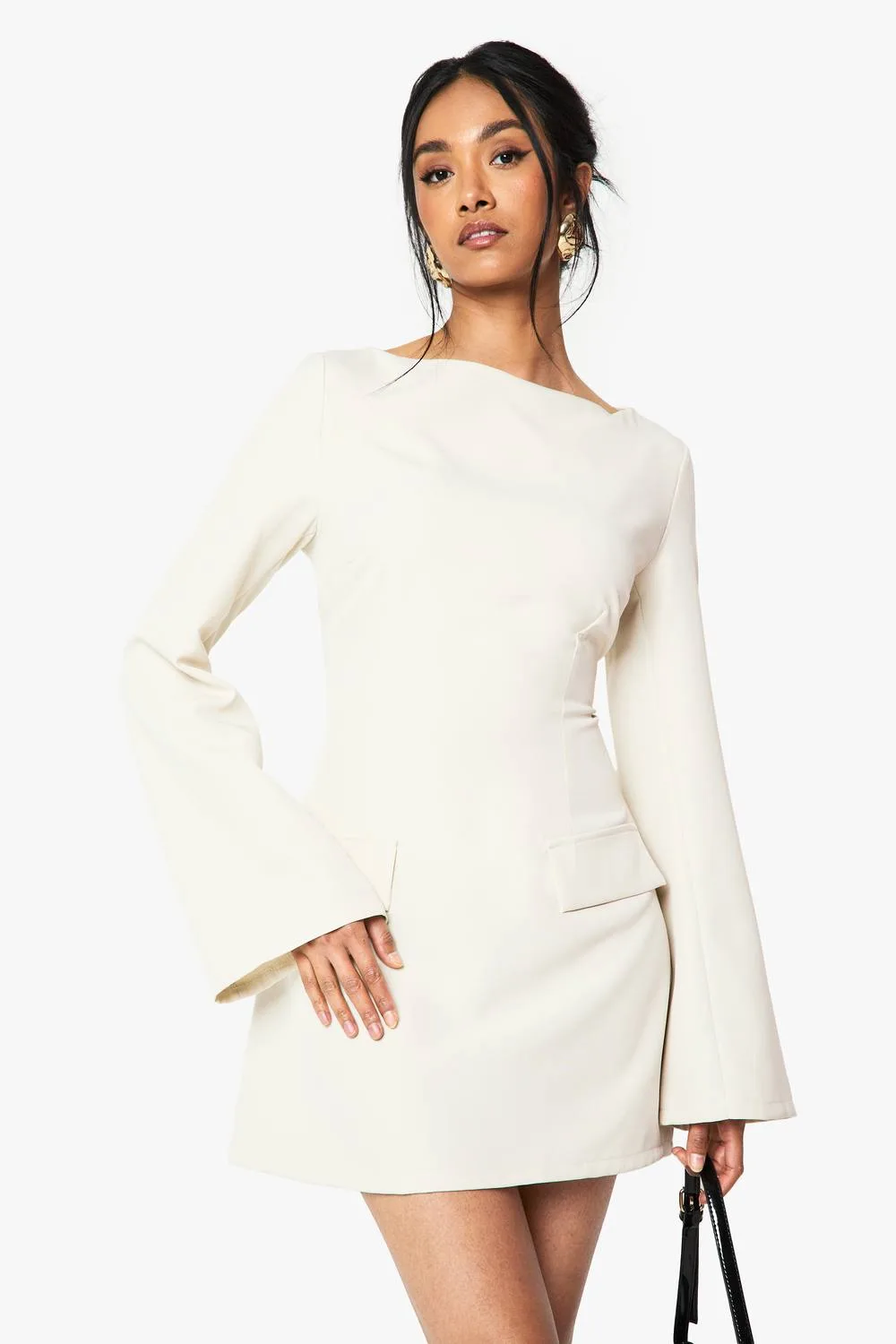 Long Sleeve Slash Neck Tailored Mini Dress - Woven by boohoo