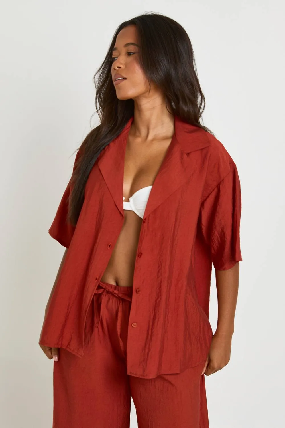 Linen Look Short Sleeve Beach Shirt by boohoo