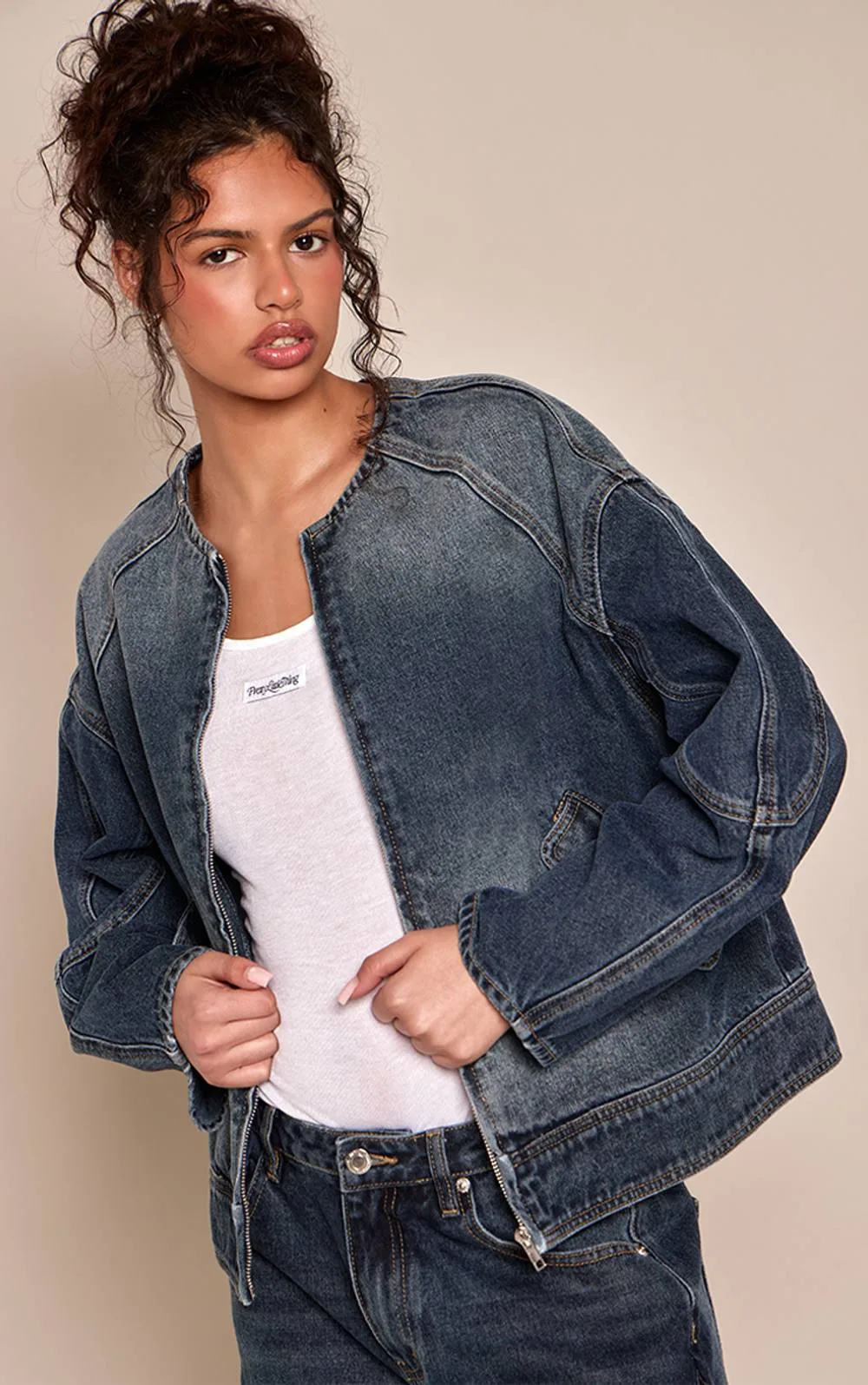 Round Neck Balloon Sleeve Denim Jacket by PrettyLittleThing