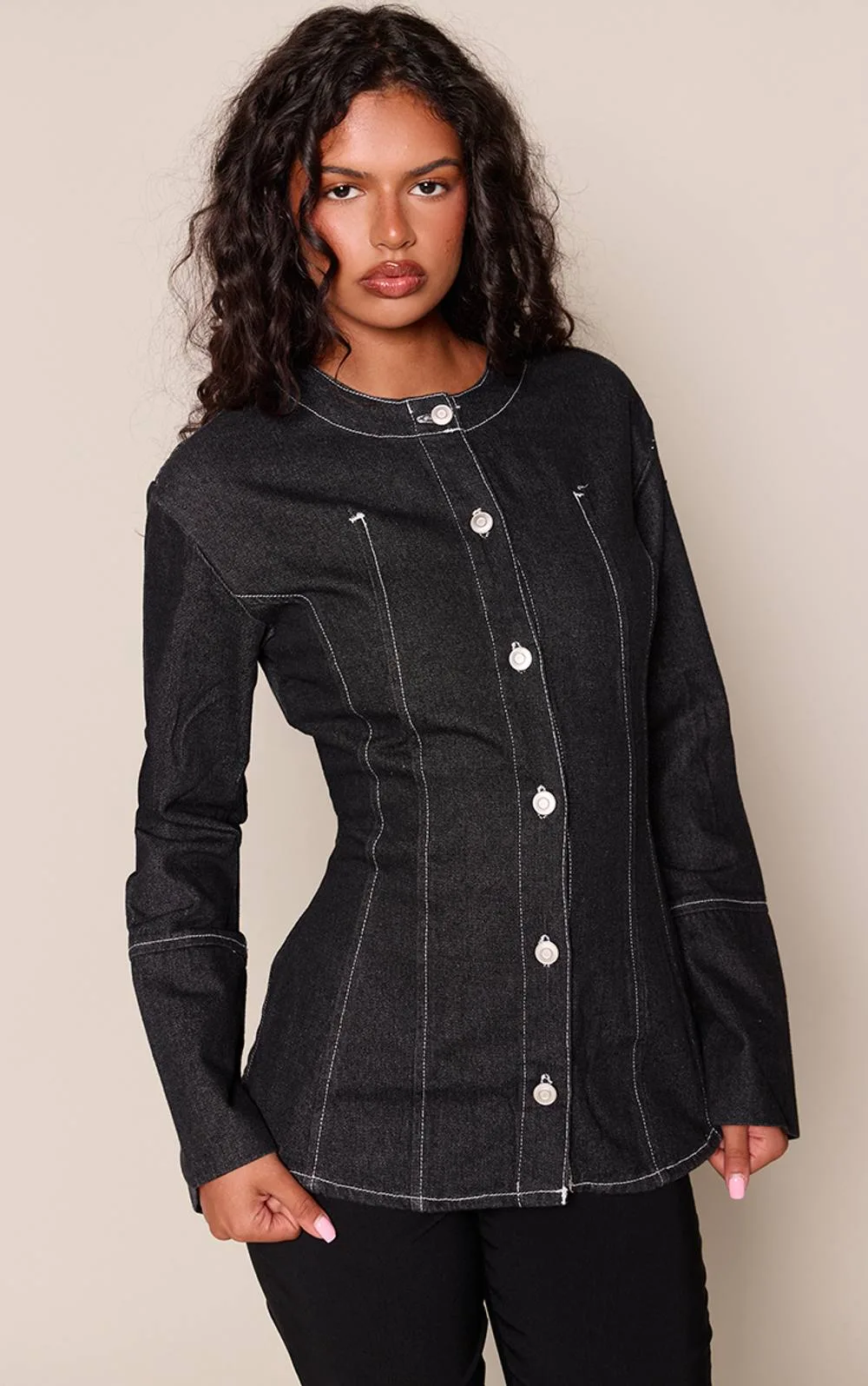 Round Neck Button Up Cinched Denim Shirt