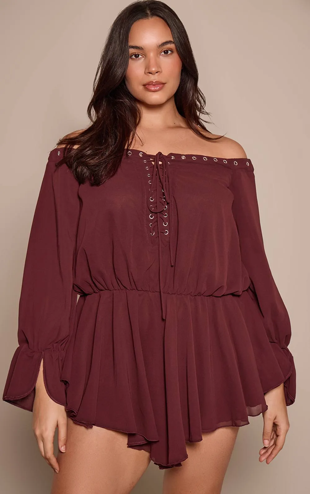 Chiffon Long Sleeve Bardot Floaty Playsuit
