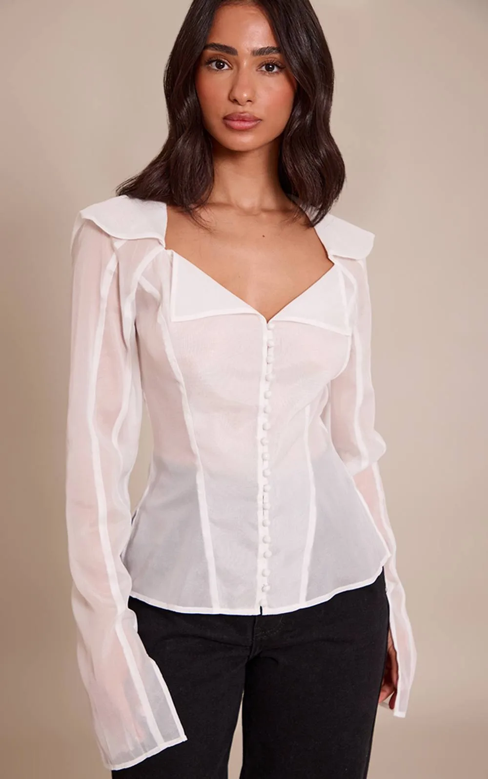 Button Detail Sheer Long Sleeve Top