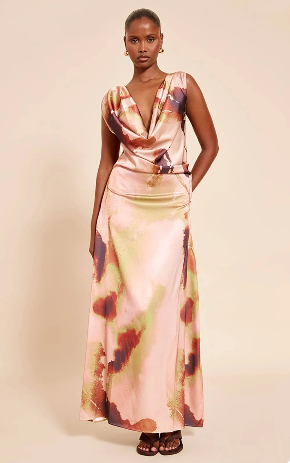 Abstract Floral Print Satin Extreme Cowl Maxi Dress by PrettyLittleThing