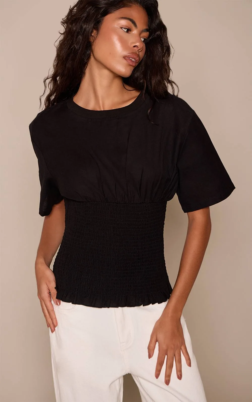 Cotton Linen Blend Shirred Short Sleeve Top