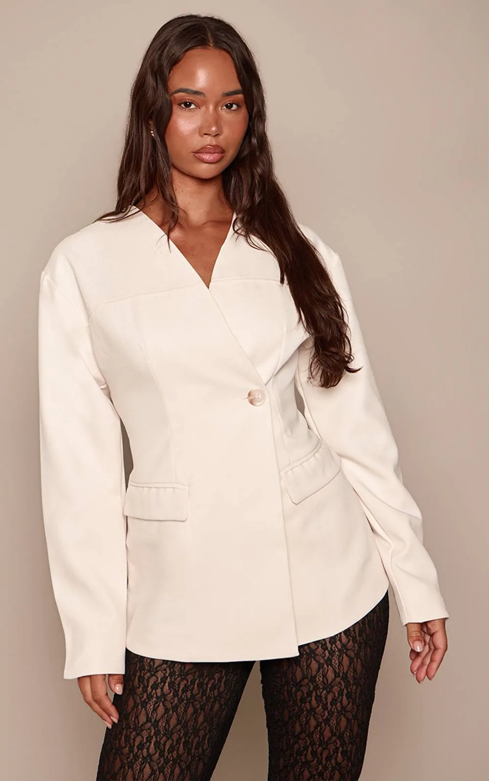 Tailored Asymmetric Cinched Collarless Blazer