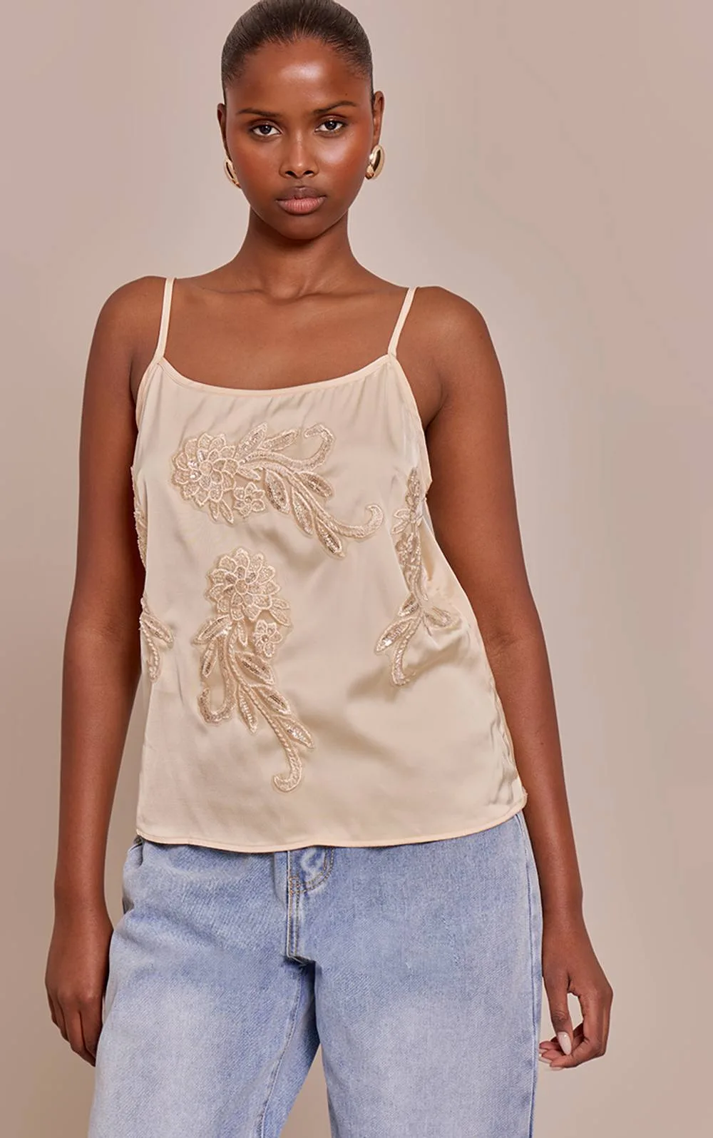 Satin Embellished Detail Strappy Cami Top