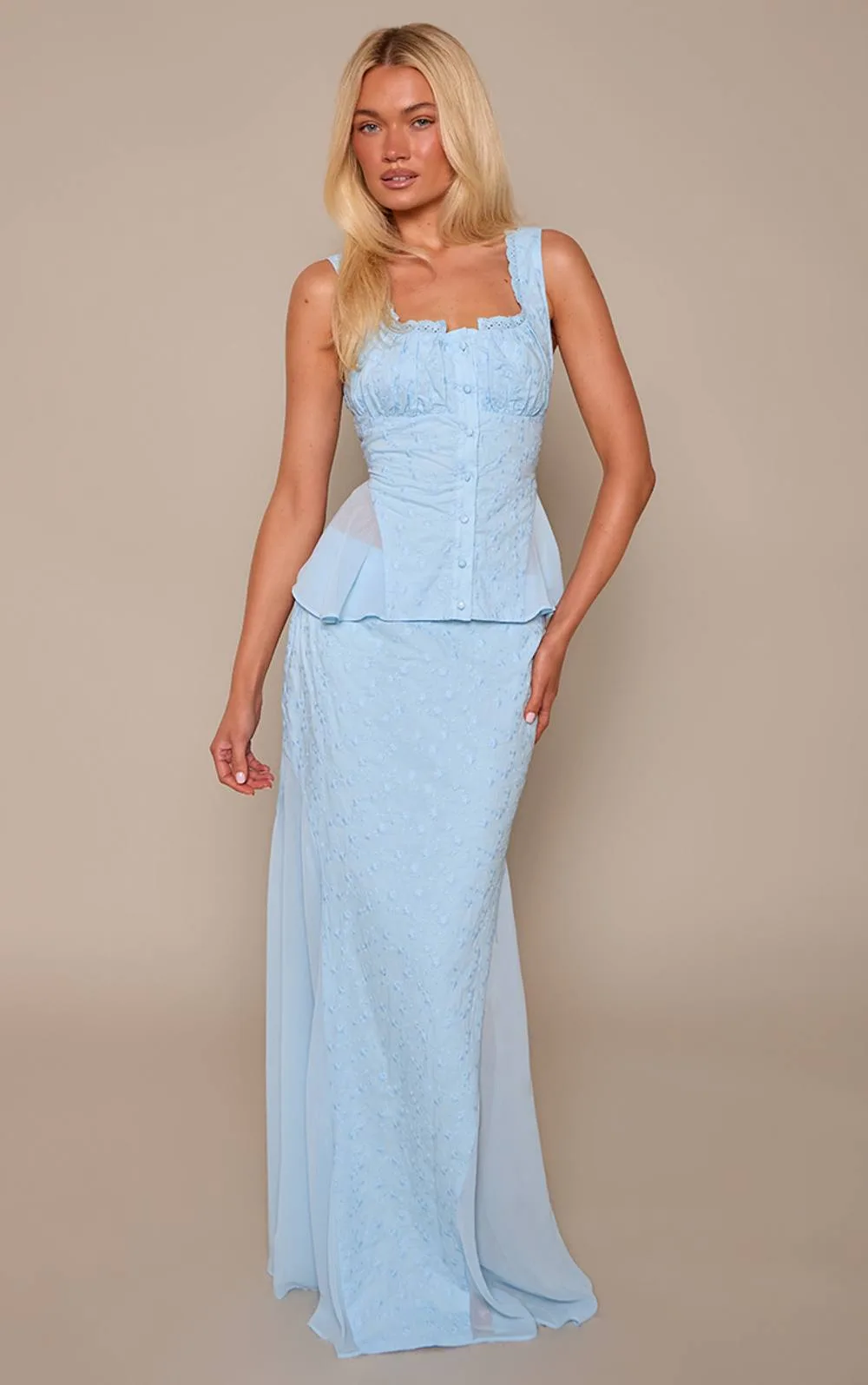 Embroidery Chiffon Godet Maxi Skirt Co-Ord