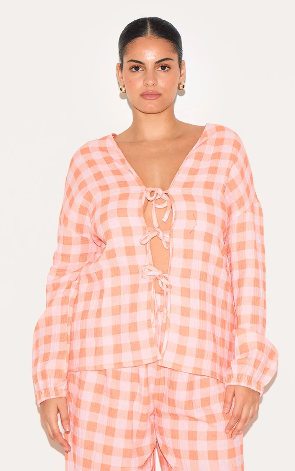 Checked Cheesecloth Tie Front Long Sleeve Shirt Co-Ord by PrettyLittleThing