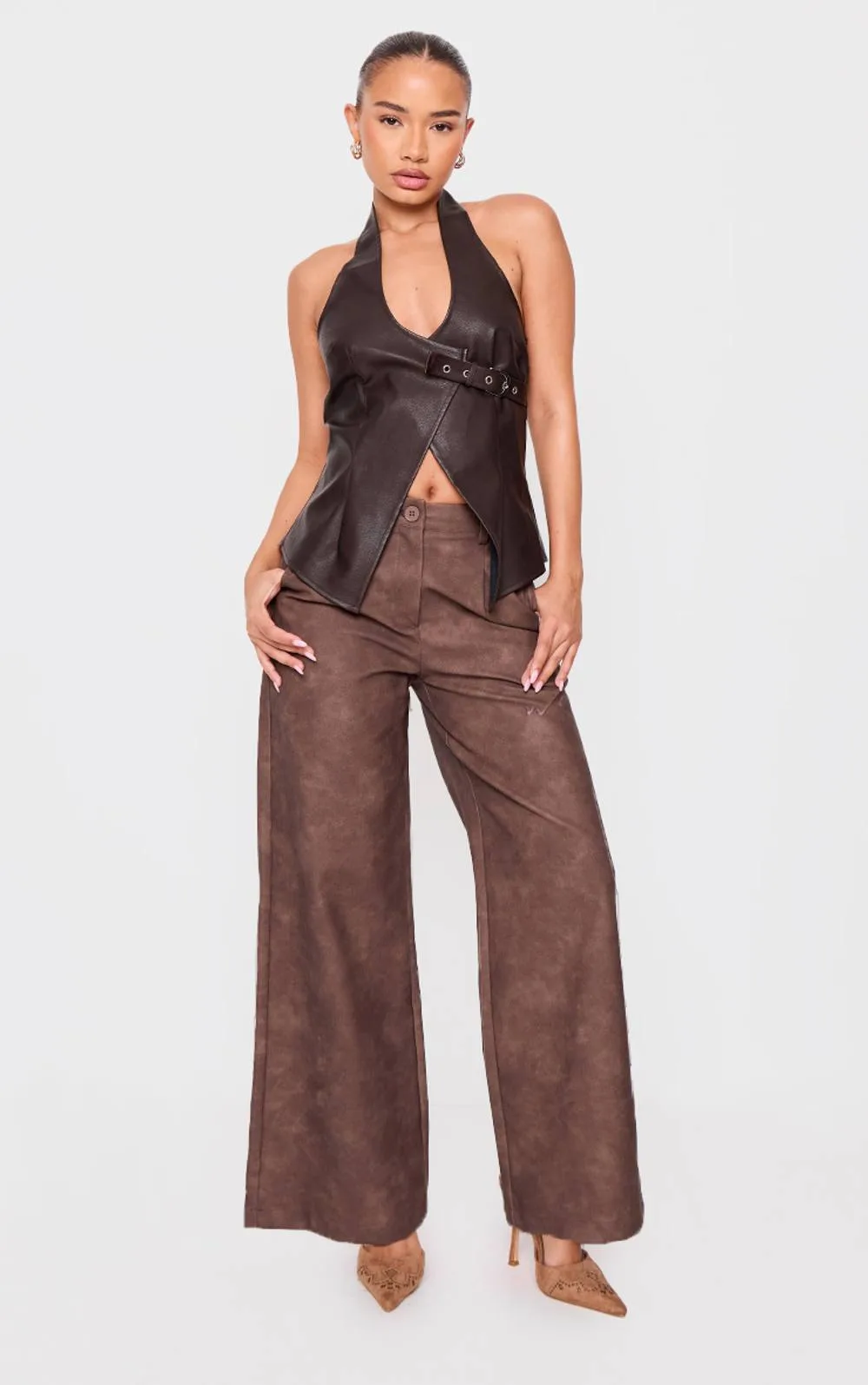 Faux Leather Wide Leg Trousers by PrettyLittleThing