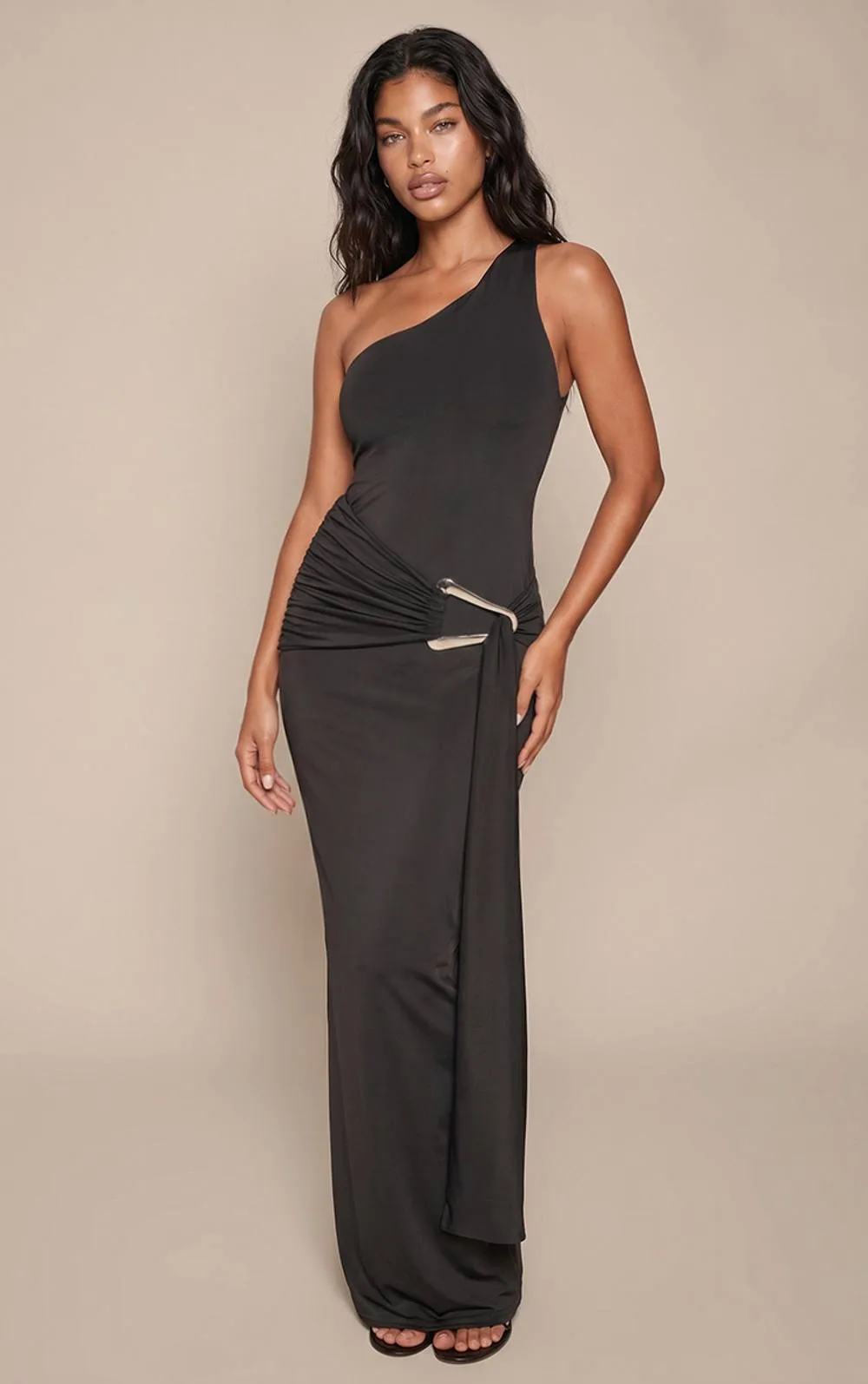 Double Layer Slinky One Shoulder Trim Detail Maxi Dress by PrettyLittleThing