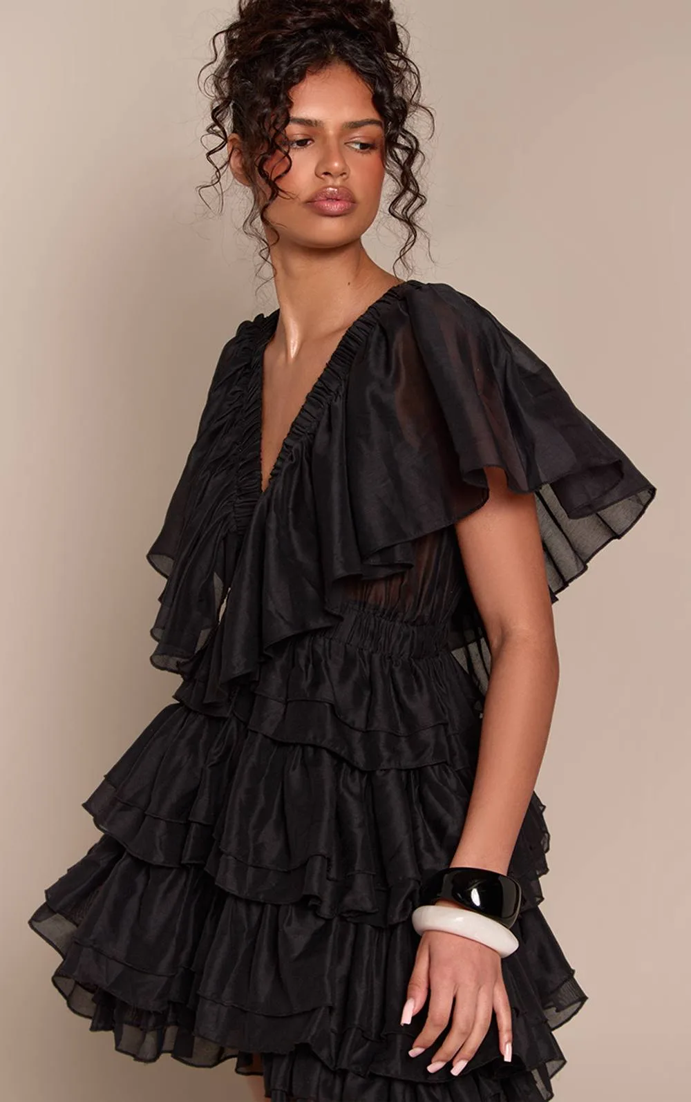 Extreme Tiered V Neck Mini Dress