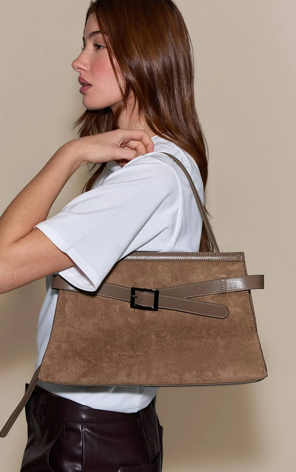 Faux Suede Buckle Detail Handbag