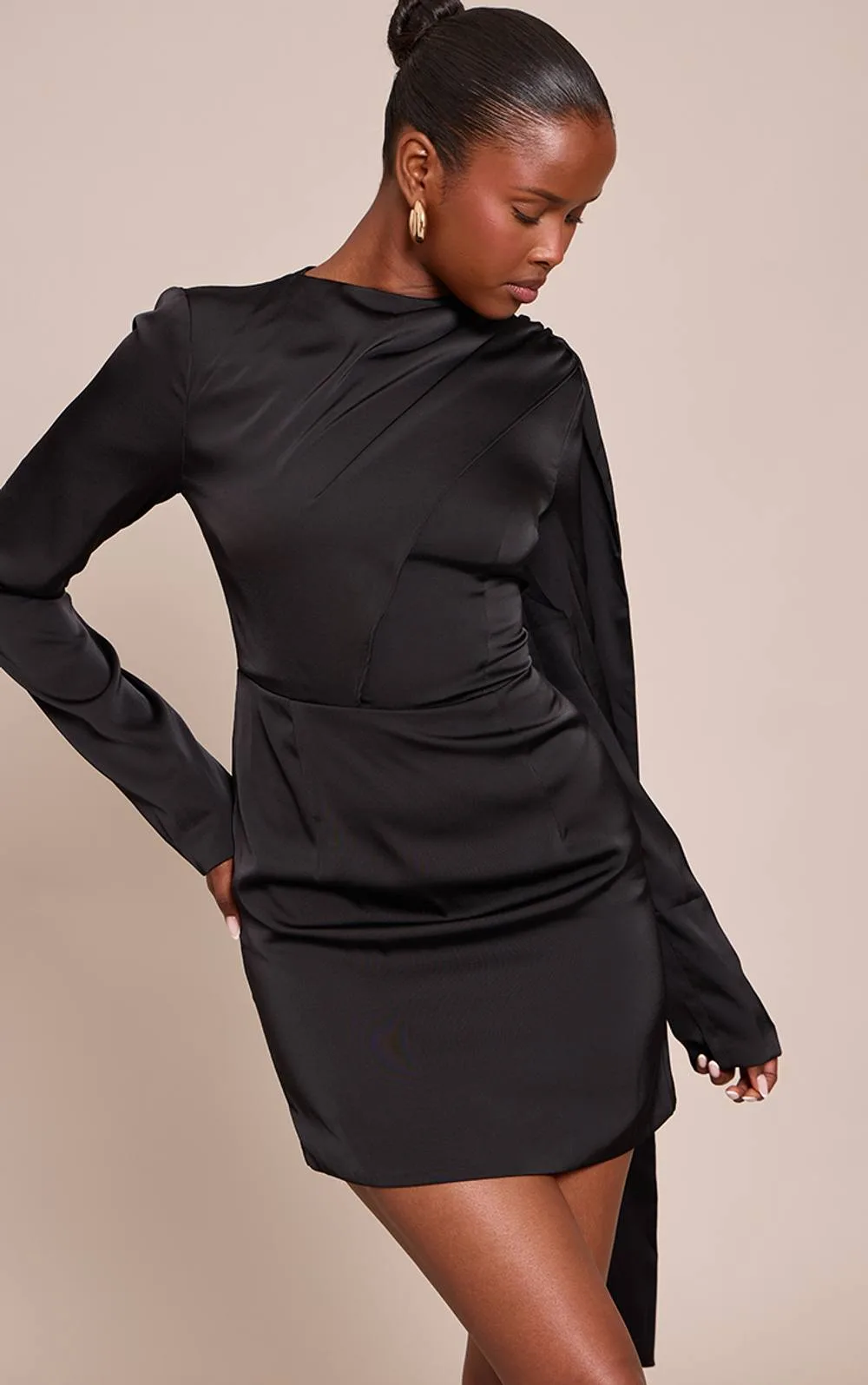 Satin Scarf Detail Long Sleeve Mini Dress