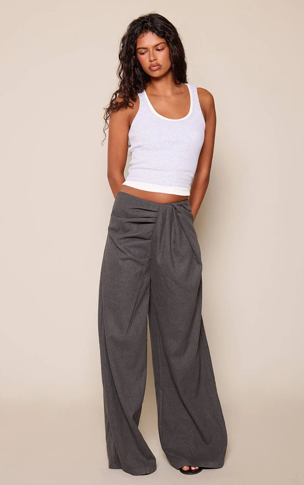 Brushed Tailored Woven Pleat Detail Wide Leg Trousers
