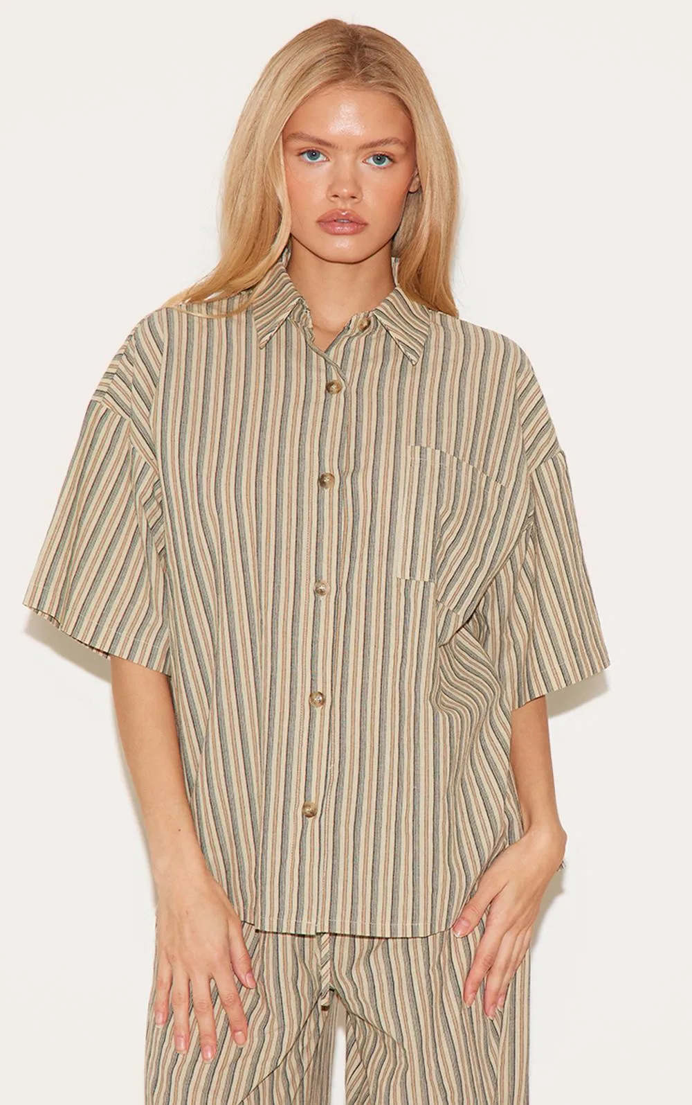 Pinstripe Short Sleeve Oversized Shirt Co-Ord