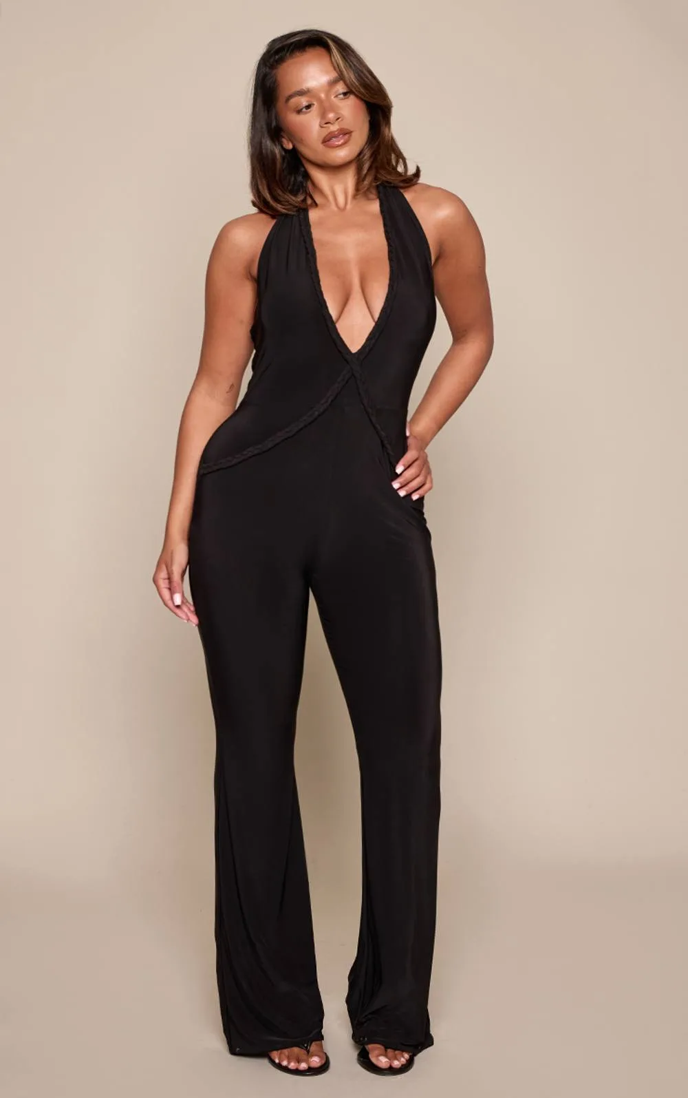 Shape Plait Detail Halterneck Flared Jumpsuit by PrettyLittleThing