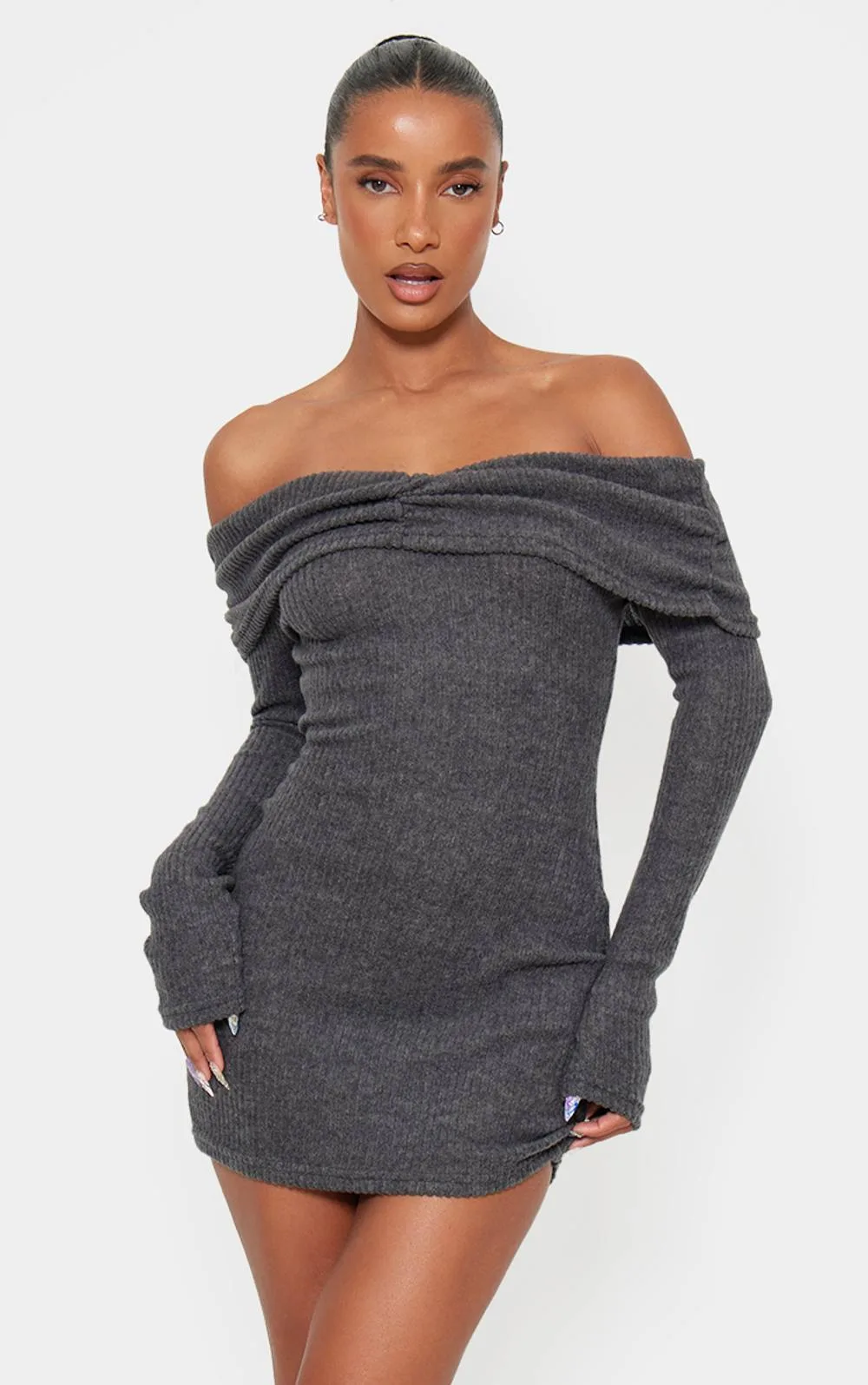 Brushed Rib Bardot Long Sleeve Bodycon Dress