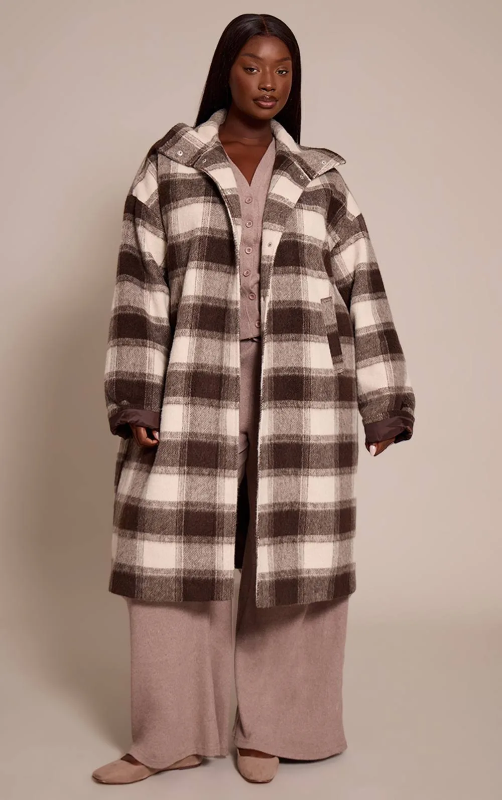 Checked Structured Double Breasted Wool Look Maxi Coat