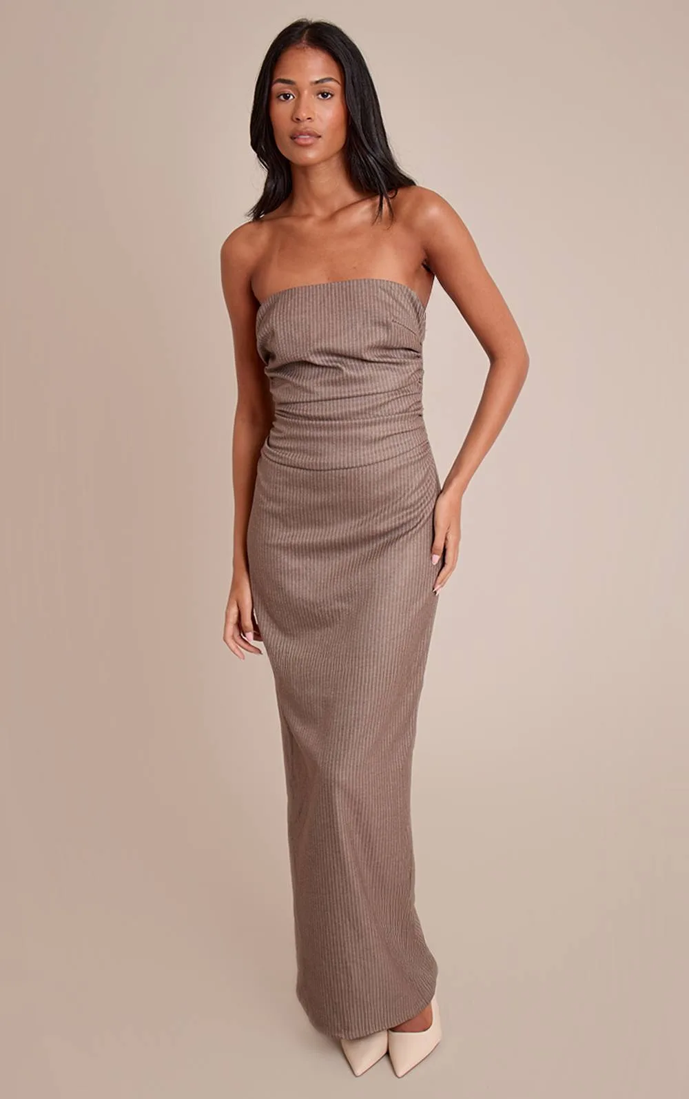 Pinstripe Bandeau Ruched Detail Maxi Dress