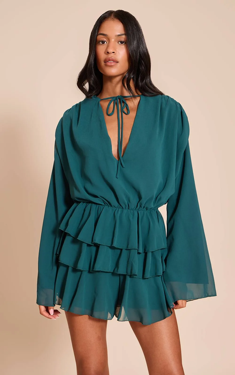 Chiffon V Neck Frill Tiered Playsuit by PrettyLittleThing