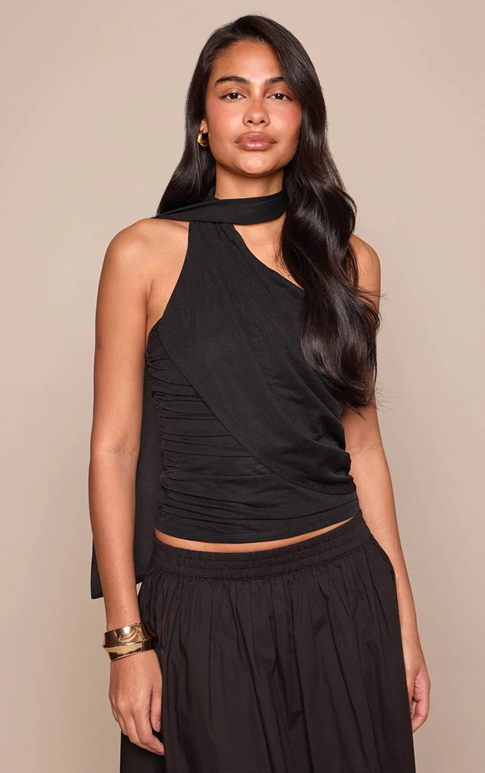 Stretch Chiffon Scarf Detail Longline Top