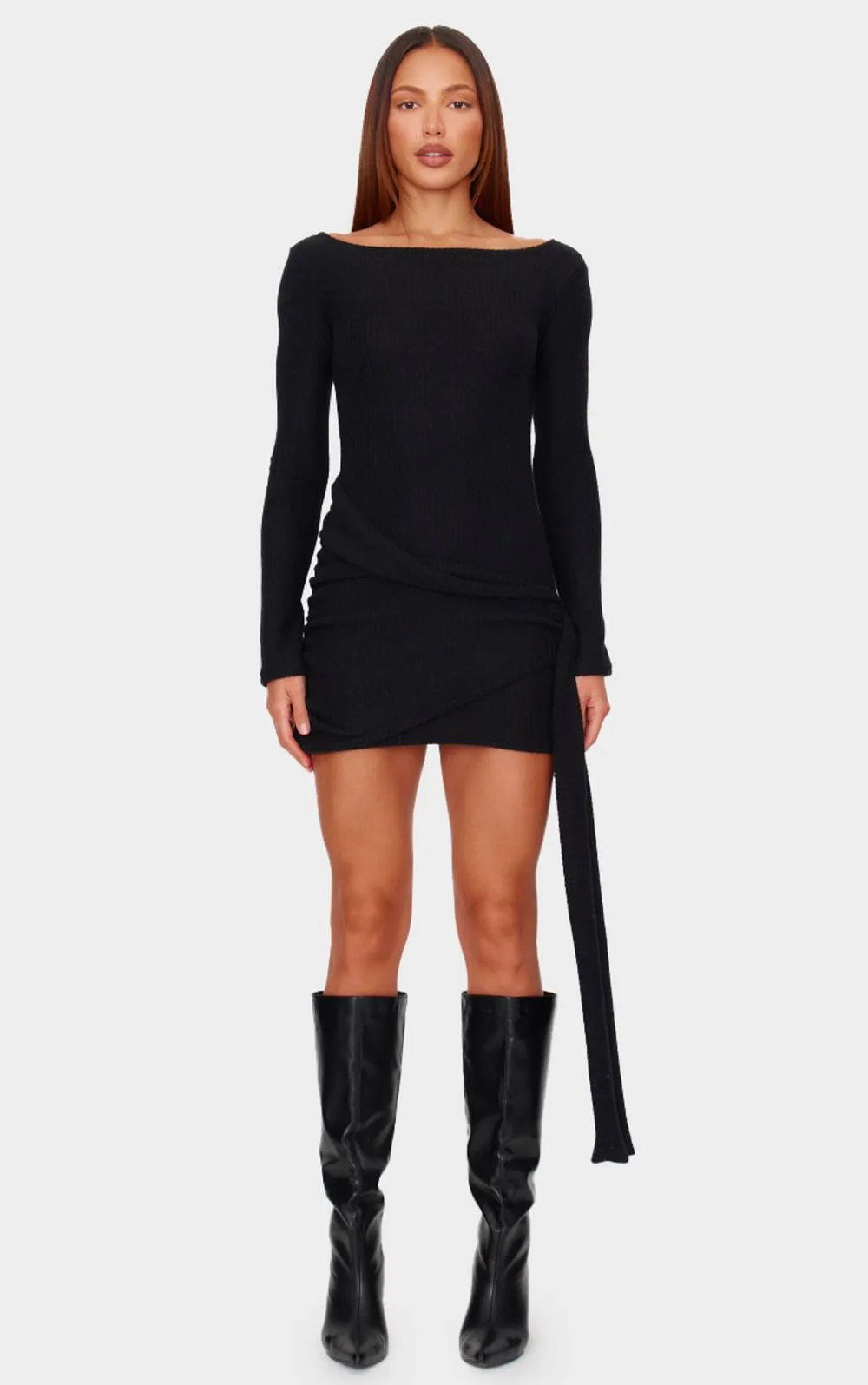 Brushed Rib Tie Waist Detail Bodycon Dress