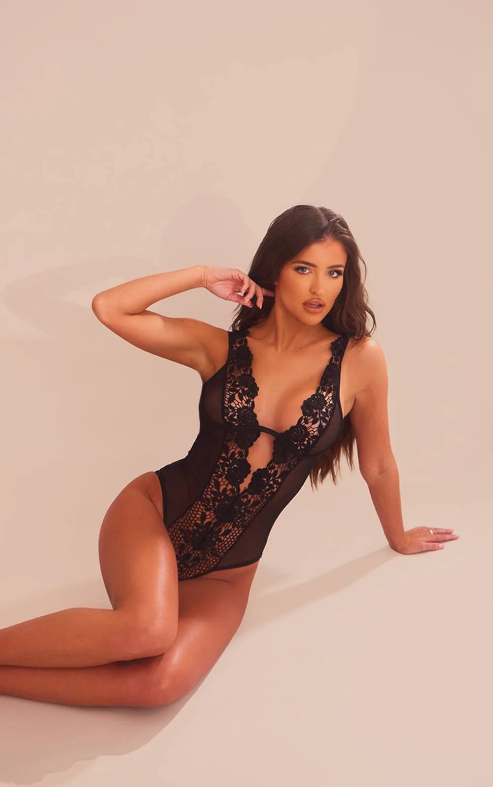 Mesh Deep Plunge Crochet Lace Bodysuit by PrettyLittleThing