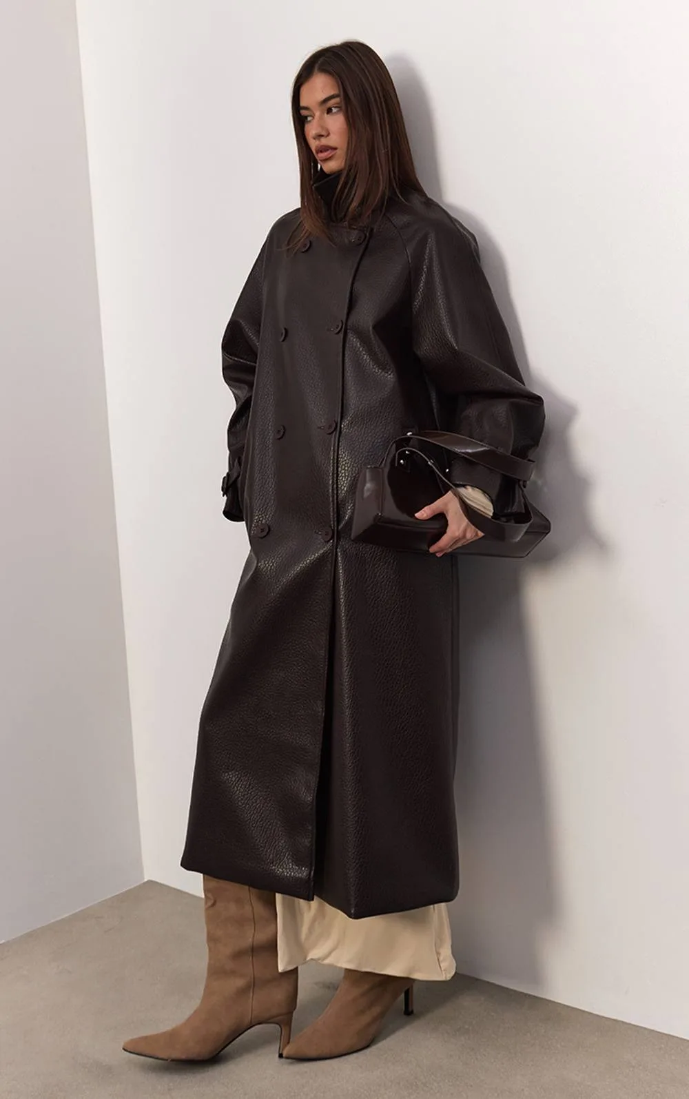 Textured Faux Leather Trench Coat by PrettyLittleThing