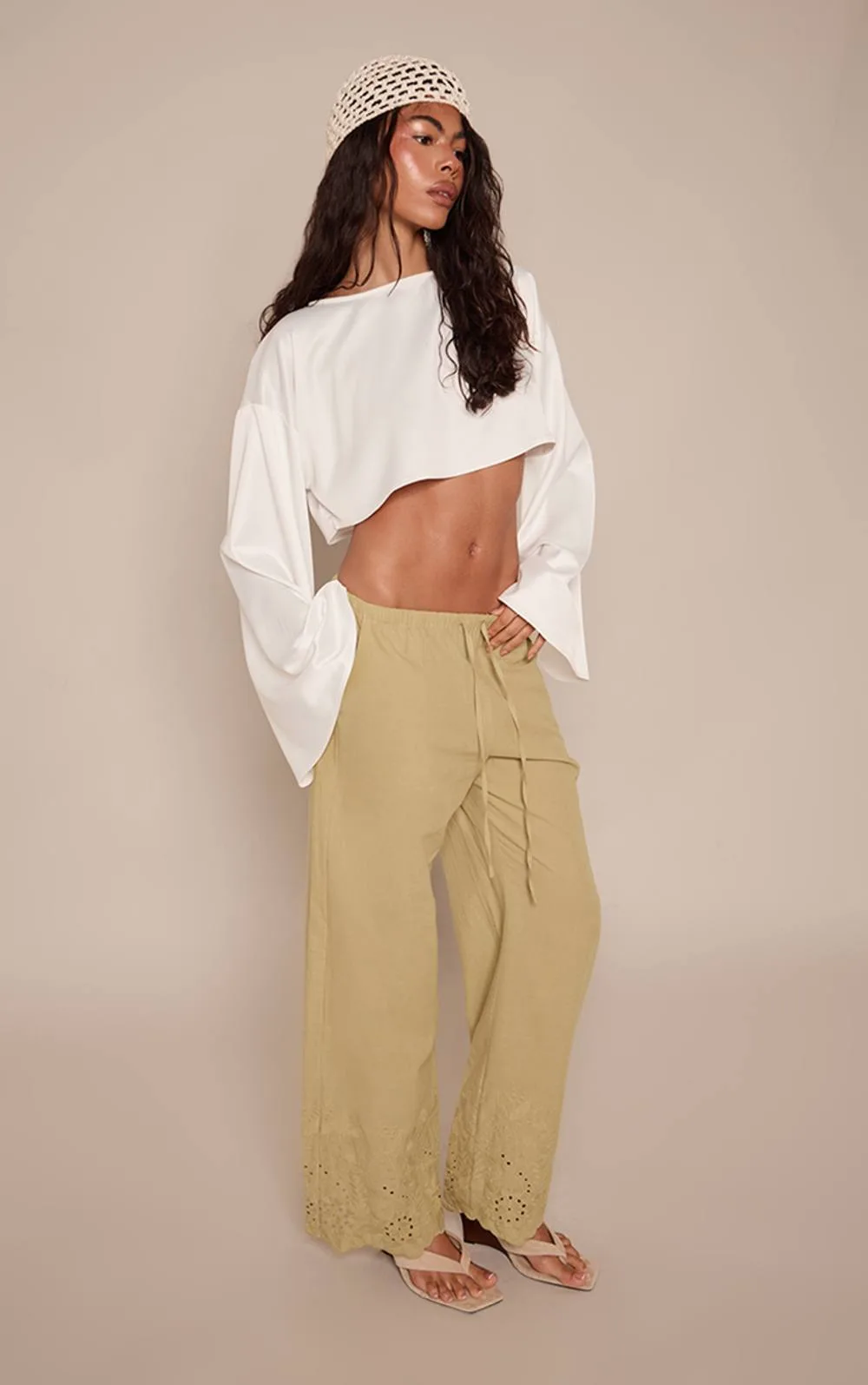 Broderie Detail Drawstring Straight Leg Trouser by PrettyLittleThing