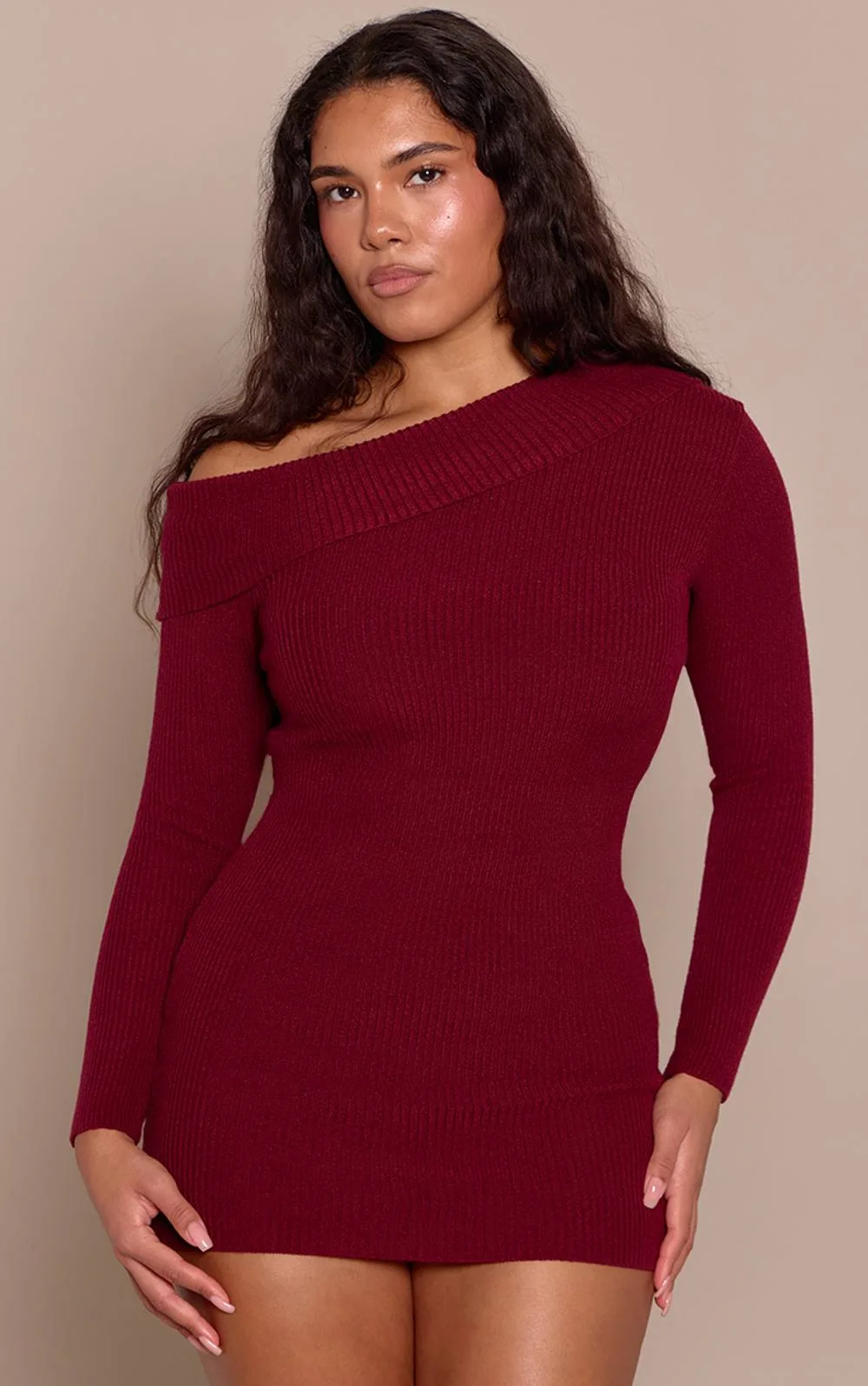 Shape Off Shoulder Fold Over Knitted Bodycon Dress