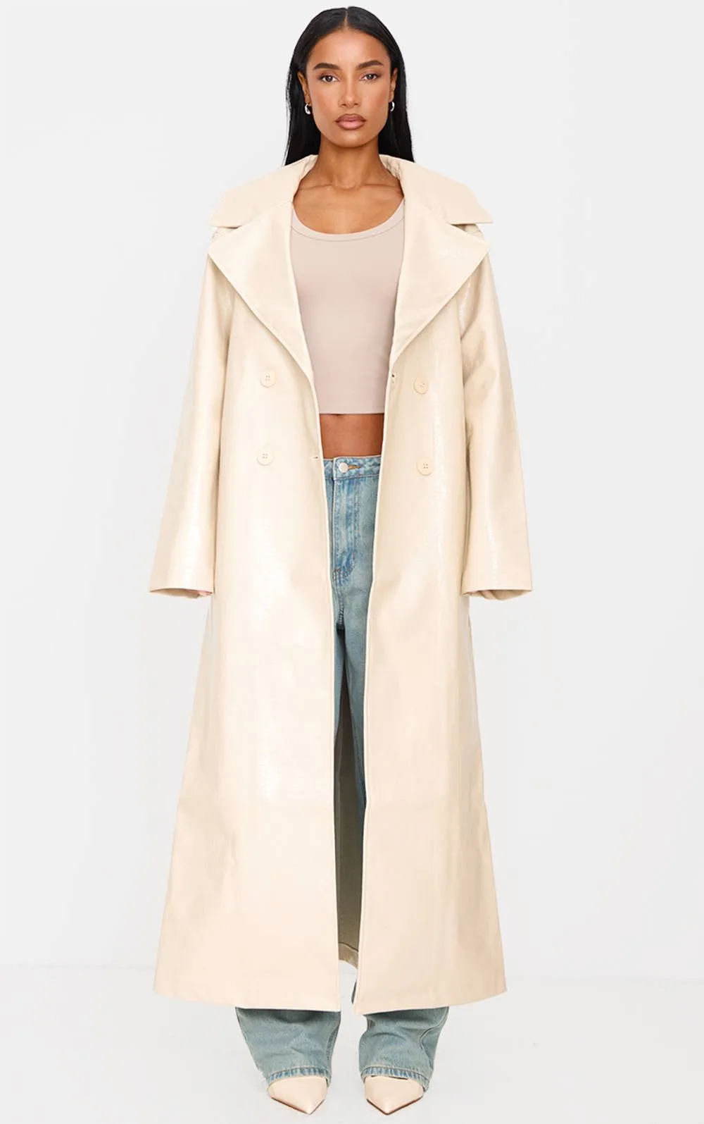 Faux Leather Croc Trench Coat by PrettyLittleThing