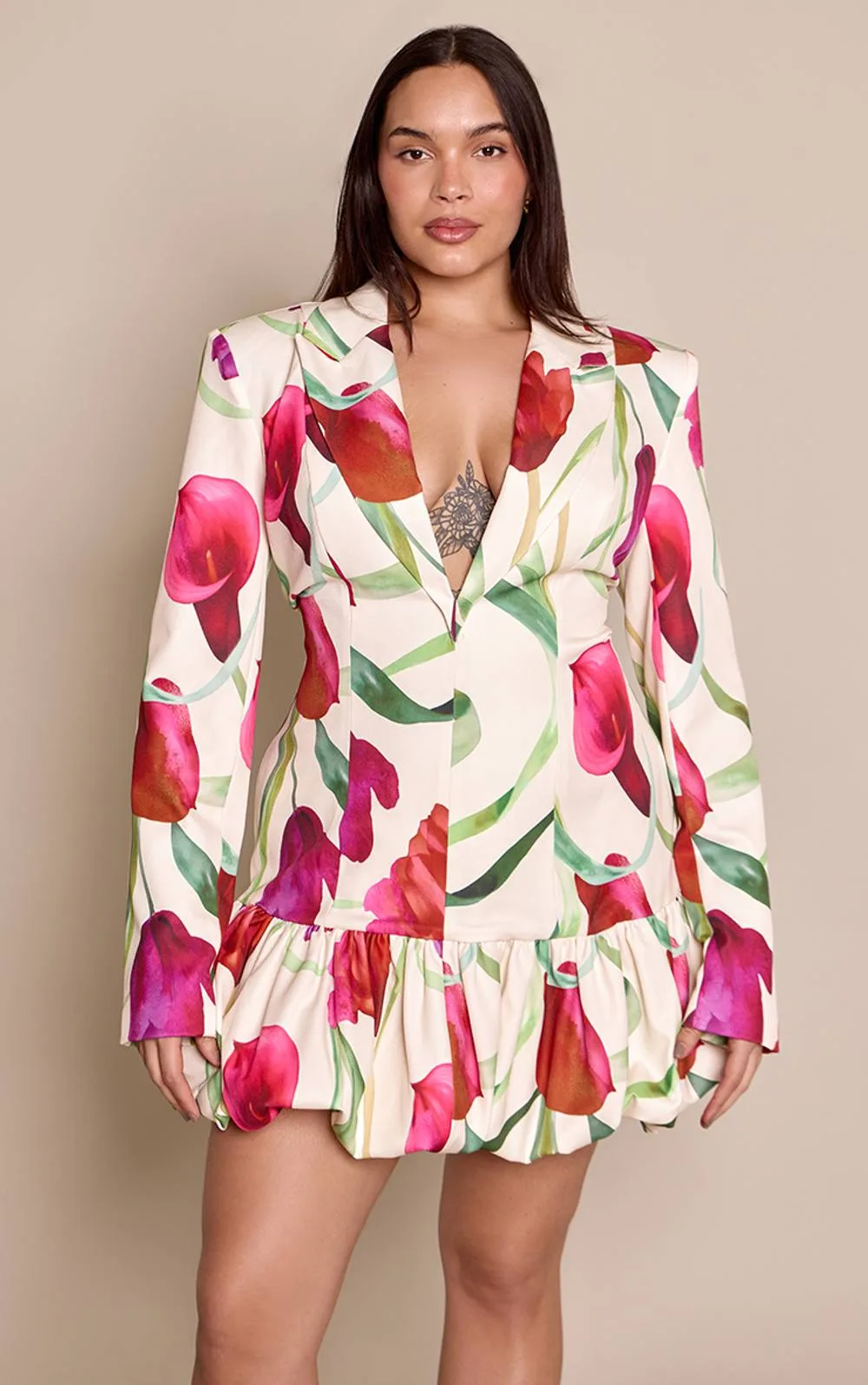 Floral Printed Plunge Puff Hem Blazer Dress by PrettyLittleThing