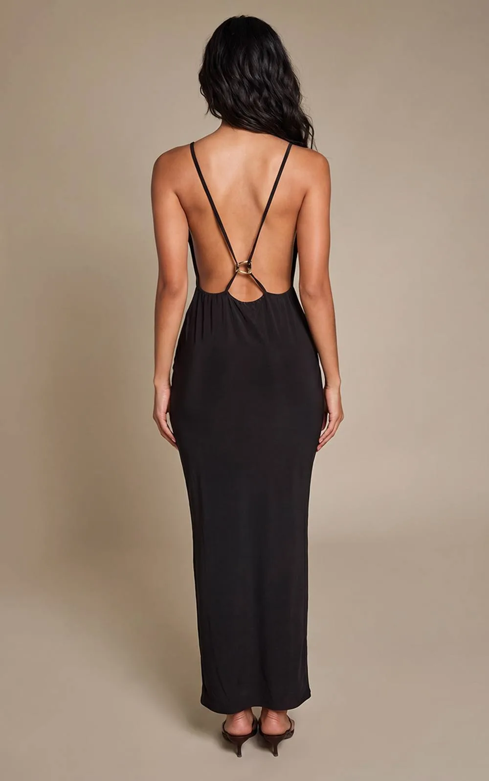 Double Layer Slinky Scoop Neck Open Back Trim Detail Maxi Dress