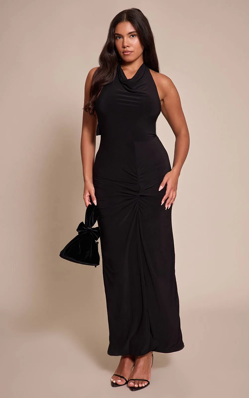 Halter Neck Tie Back Gold Trim Cowl Maxi Dress