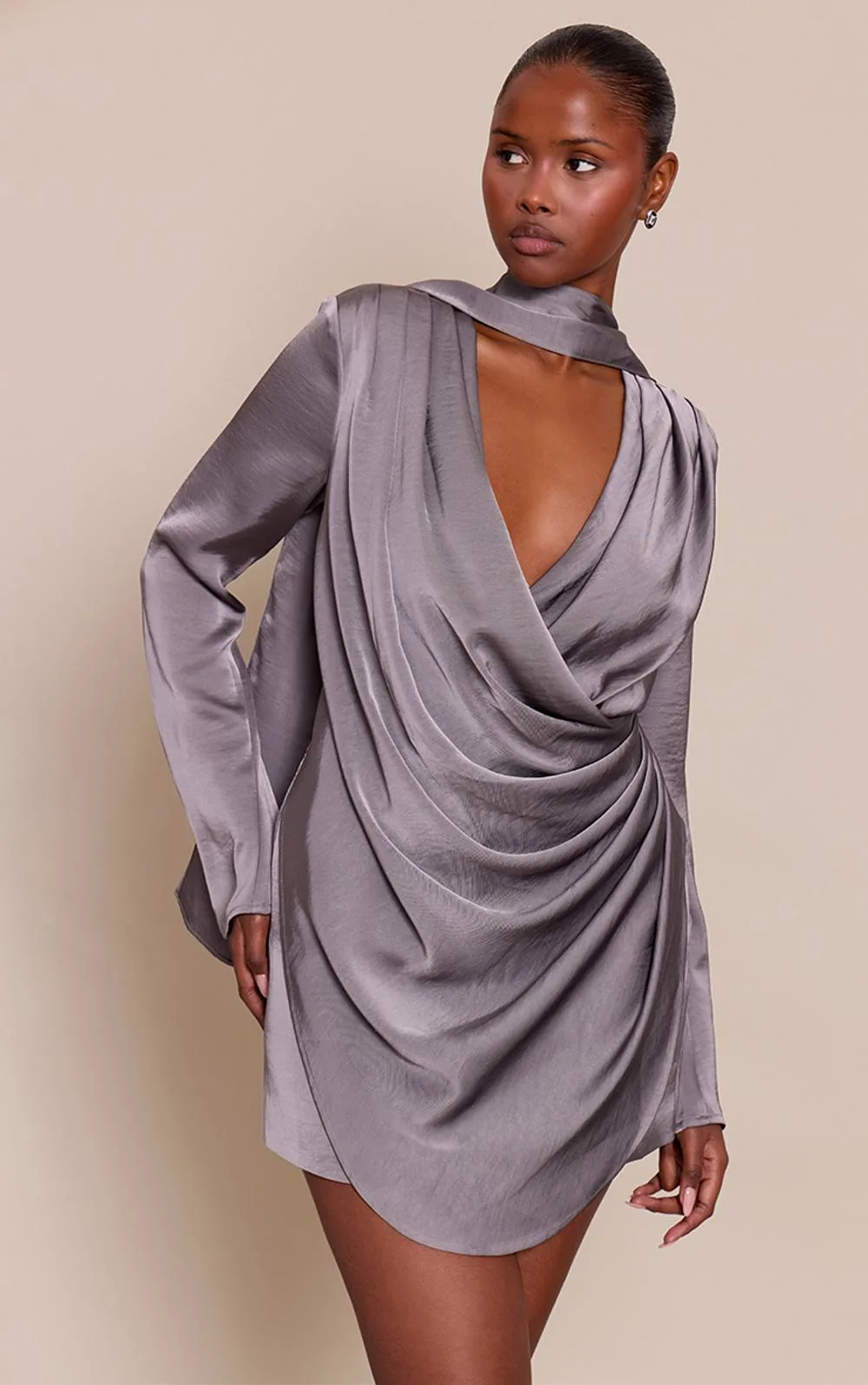 Draped Satin Shirt Dress