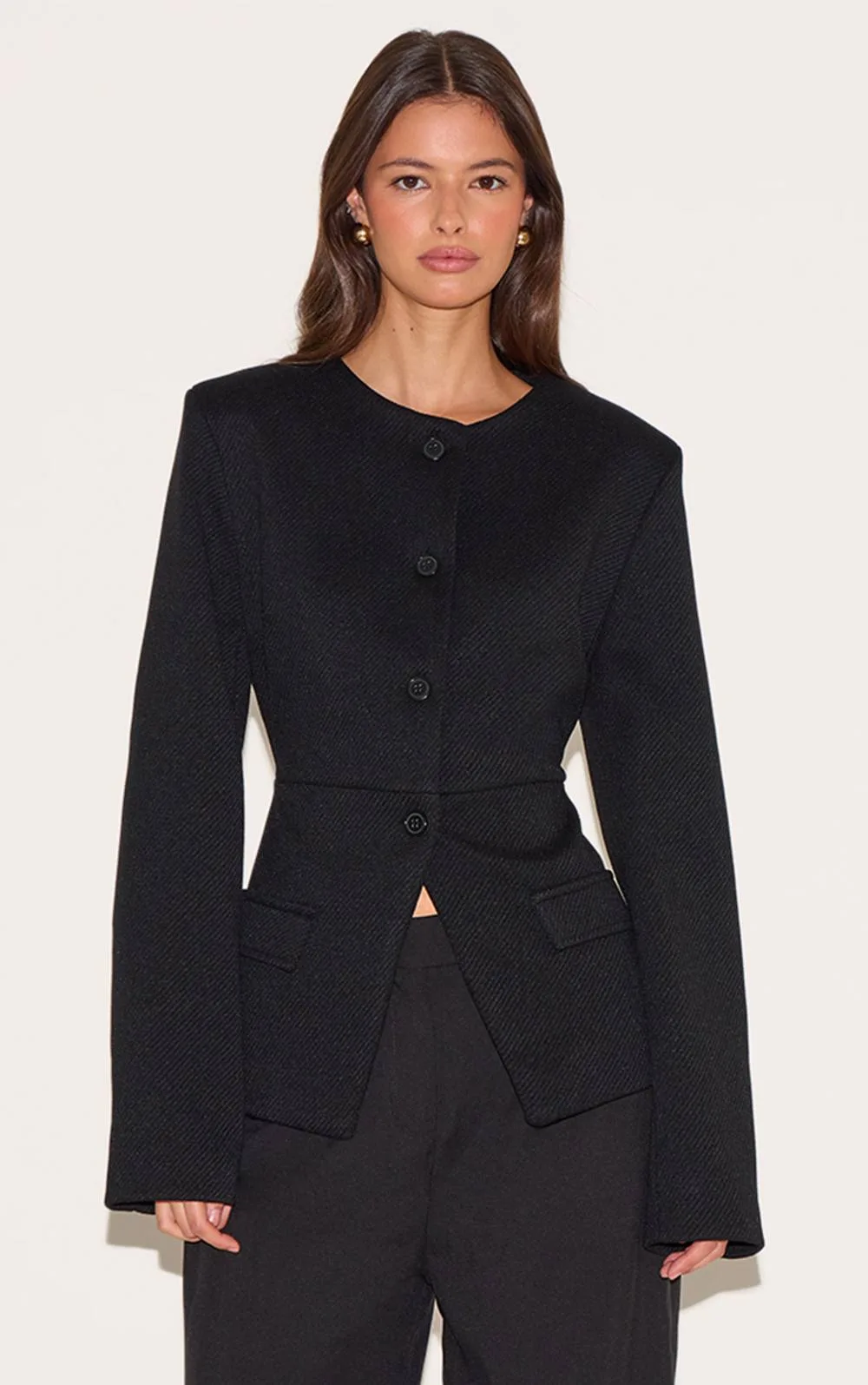 Button Up Longline Collarless Blazer