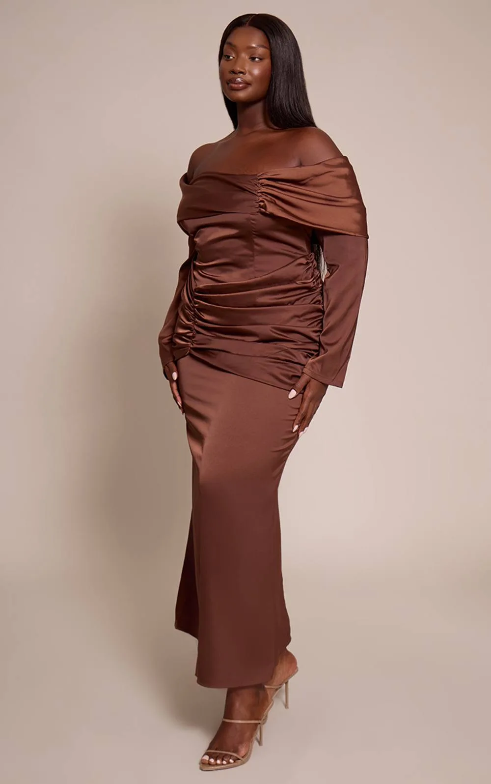 Satin Ruched Detail Off Shoulder Maxi Dress