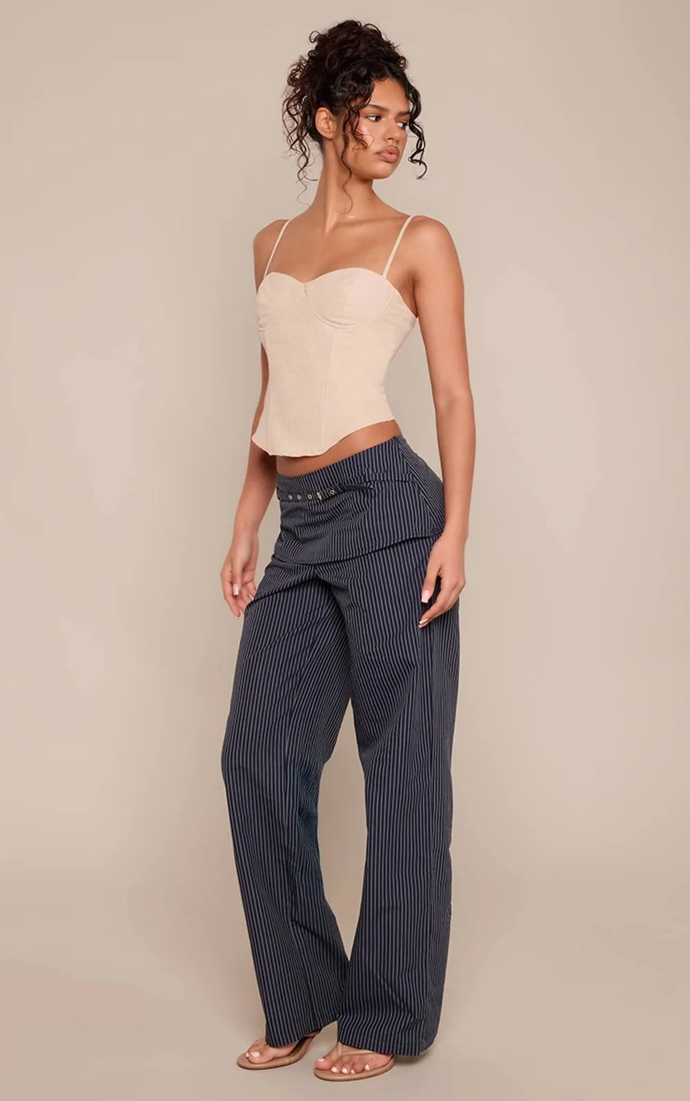 Pinstripe Fold Over Waist Belt Detail Trousers by PrettyLittleThing