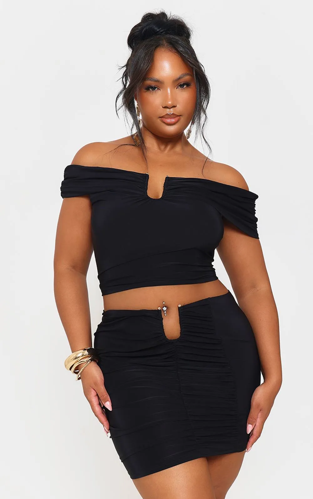 Slinky Gold Trim Detail Bardot Top Co-Ord by PrettyLittleThing