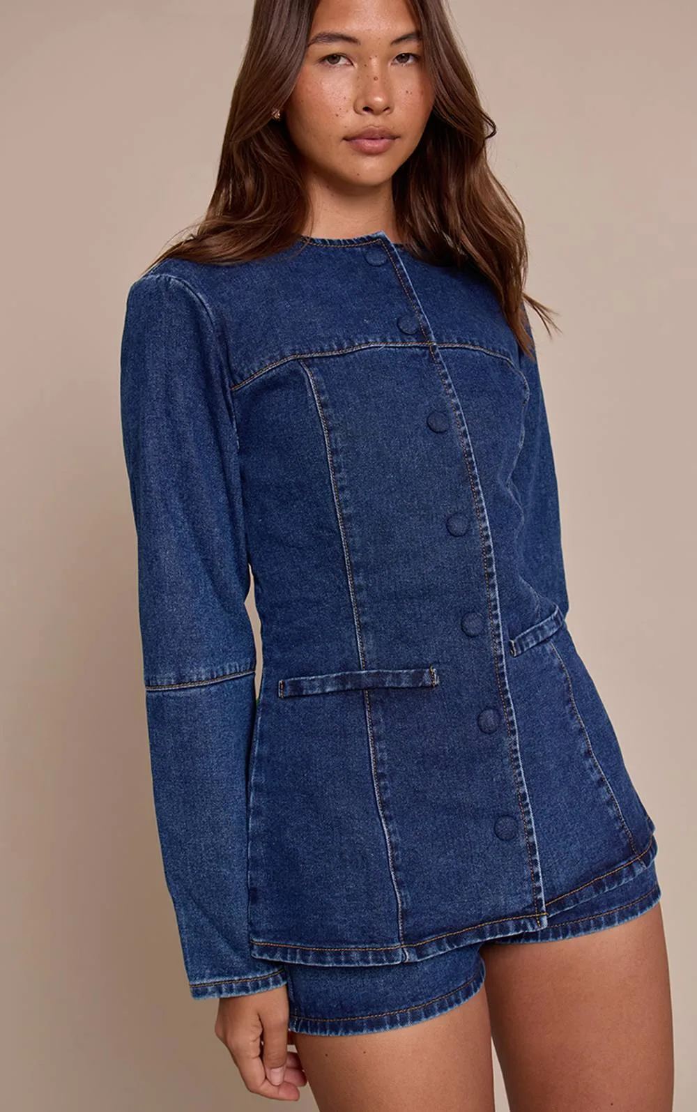 Round Neck Denim Shirt by PrettyLittleThing