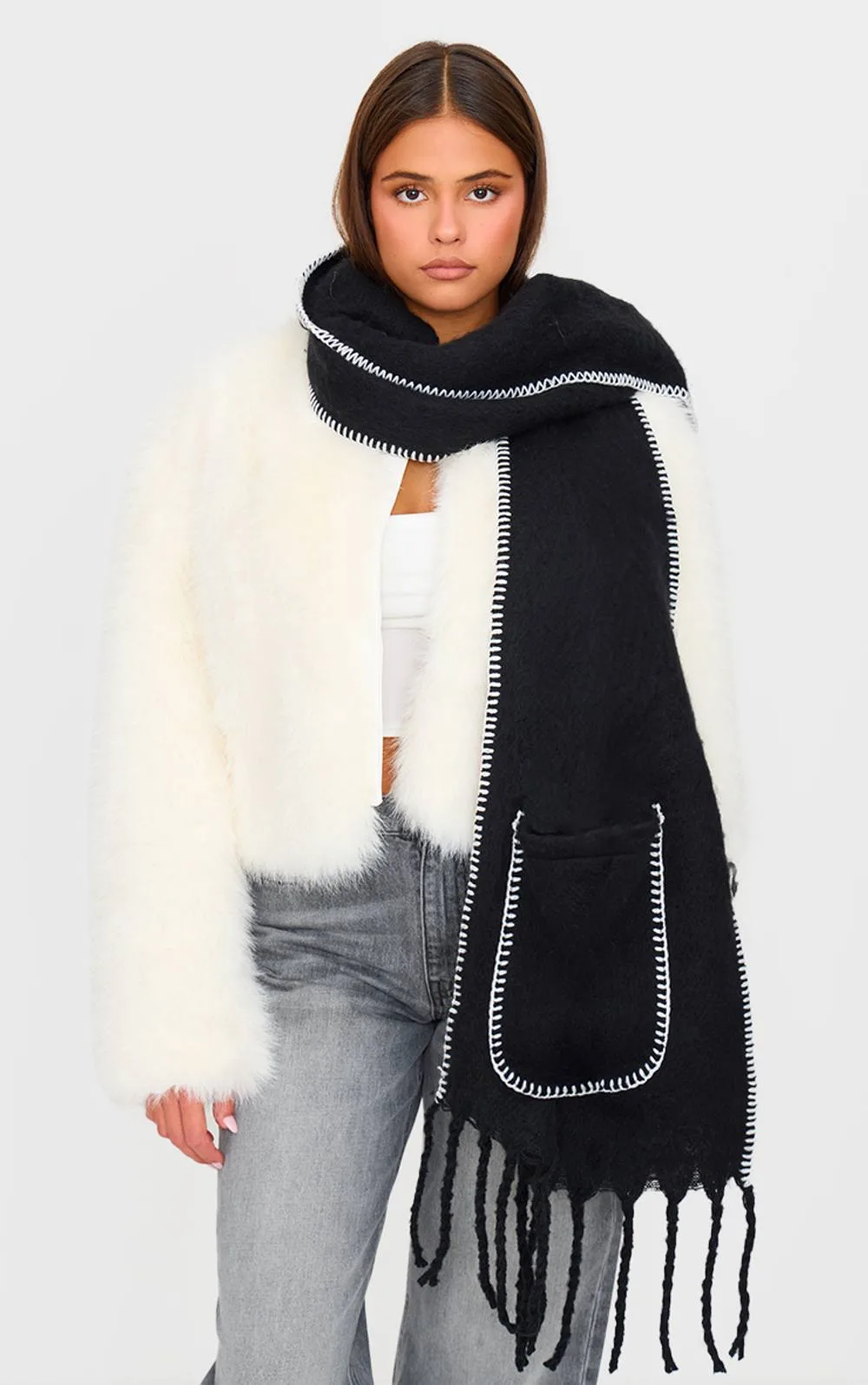 Pocket Stitch Detail Tassel Scarf