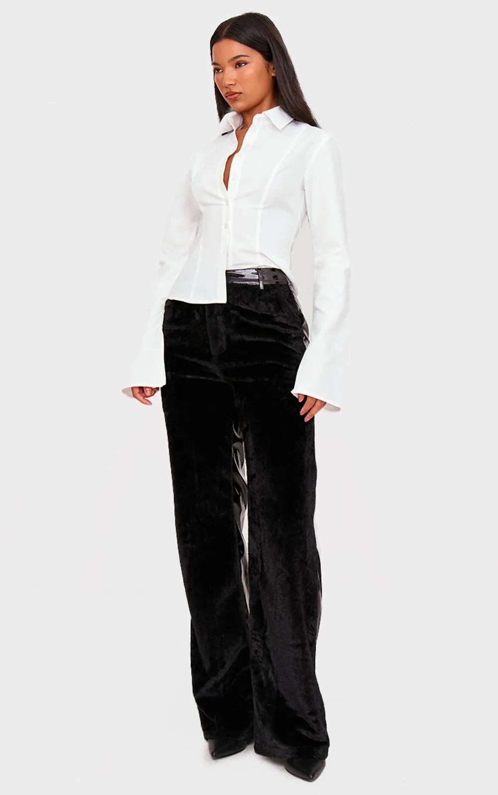 Faux Fur Wet Look Contrast Fabric Straight Leg Trousers by PrettyLittleThing