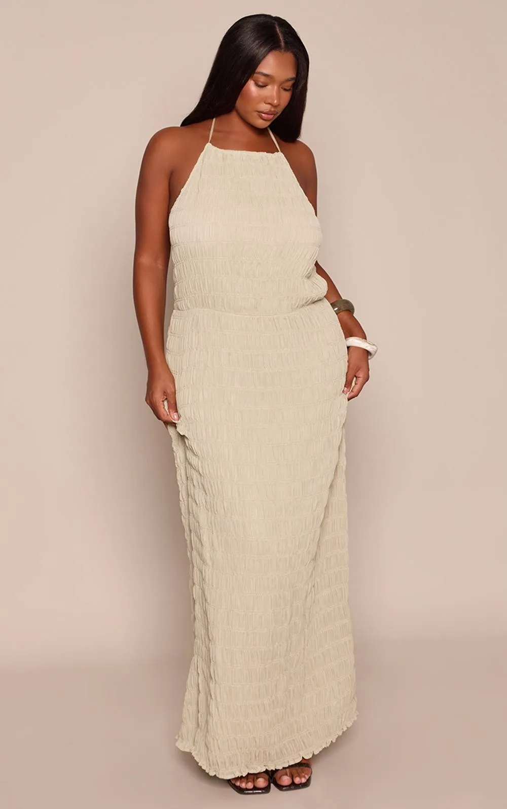 Ruched Mesh Backless Maxi Dress by PrettyLittleThing