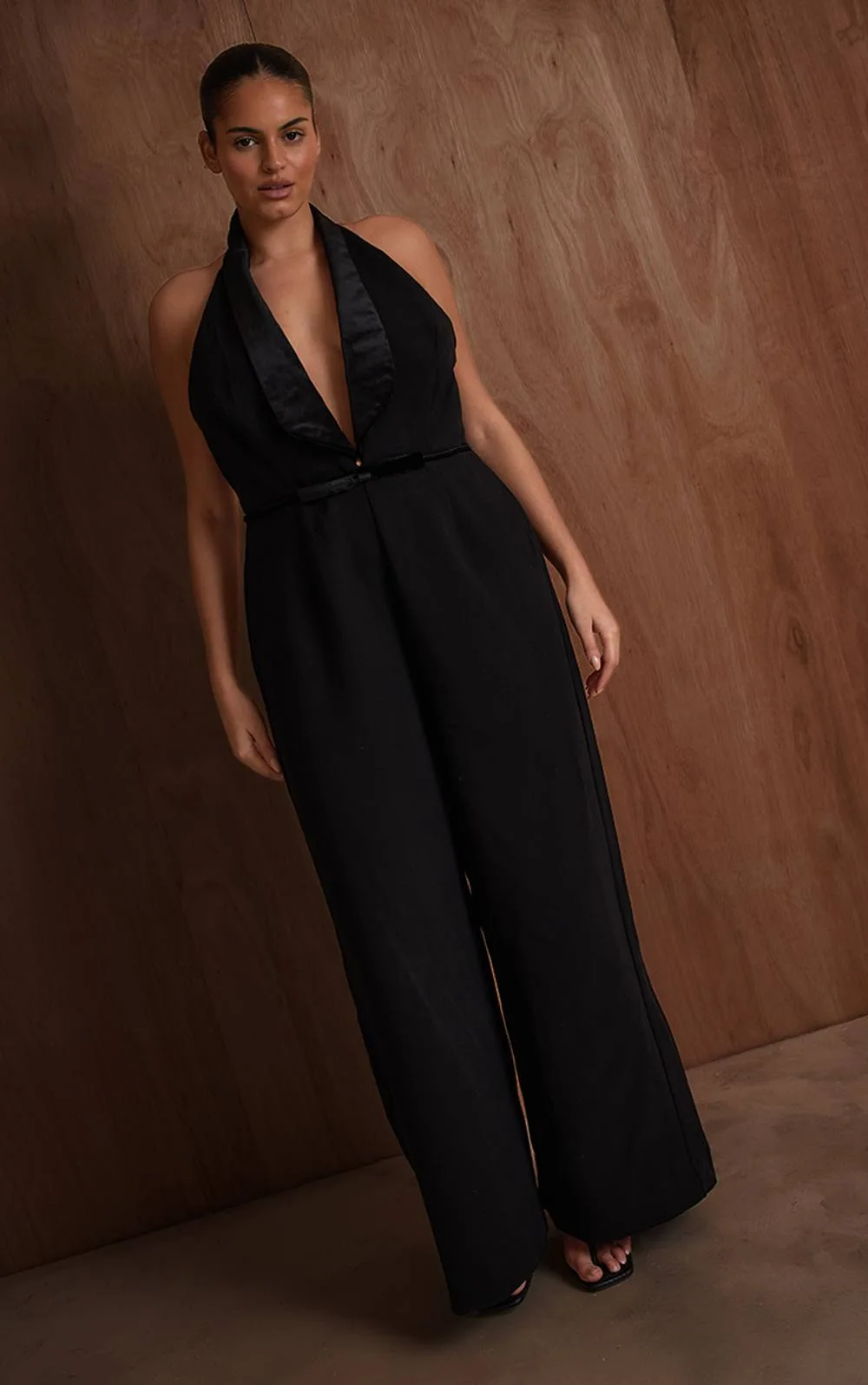 PLT Label Velvet Bow Detail Wide Leg Jumpsuit by PrettyLittleThing