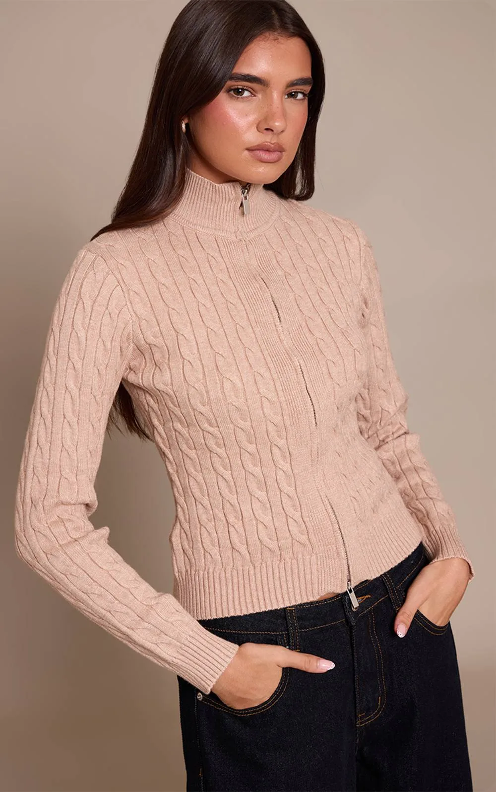 Cable Knit Long Sleeve Zip Up Jumper by PrettyLittleThing