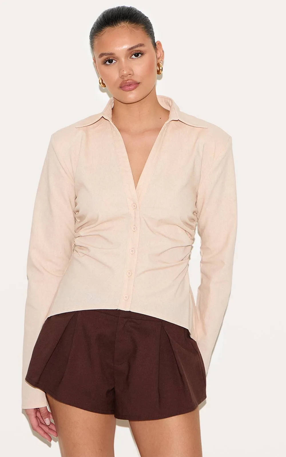 Linen Blend Shoulder Padded Fitted Shirt